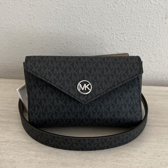 Michael Kors 556324C 006 Sz S/M Black Gray MK Logo Fanny Pack Waist Belt Bag - Picture 1 of 9